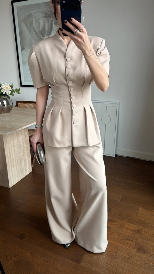 Beige Noir Waist Detail Balloon Sleeve Padded Buttoned Suit