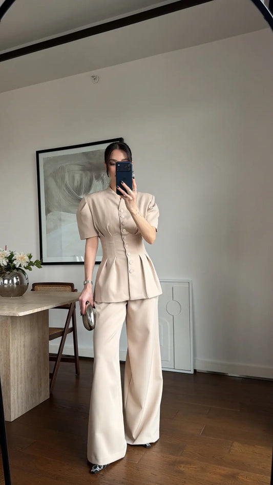 Beige Noir Waist Detail Balloon Sleeve Padded Buttoned Suit