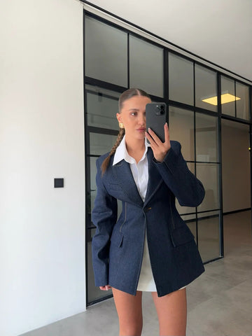 PREMIUM WAISTED DENIM BLAZER JACKET