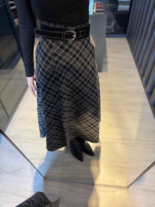 Slit Black Plaid with SUEDE Belt Skirt