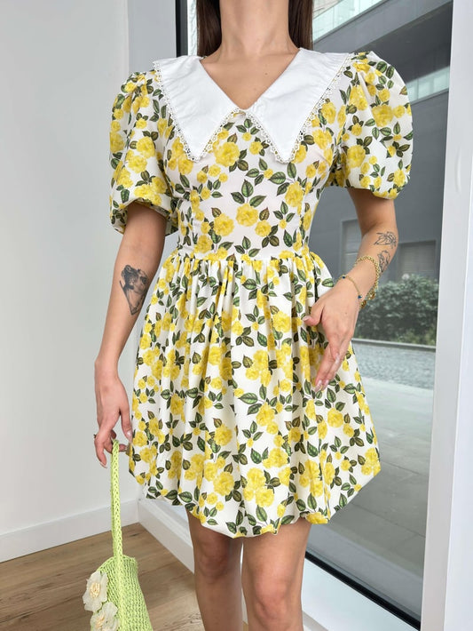 Apron Collar Balloon Sleeve Ivanildo Women's Yellow Dress