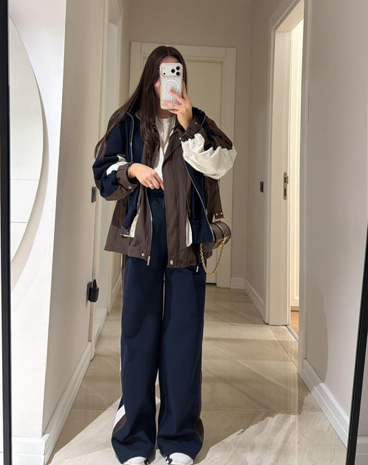 Navy Blue and Brown Hooded Garnished Suit