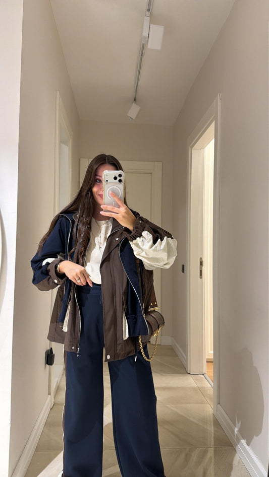 Navy Blue and Brown Hooded Garnished Suit