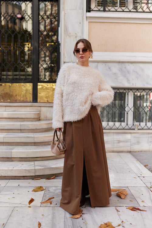 Brown Pleated Long Skirt with Front Slit Detail and Two Side Pockets