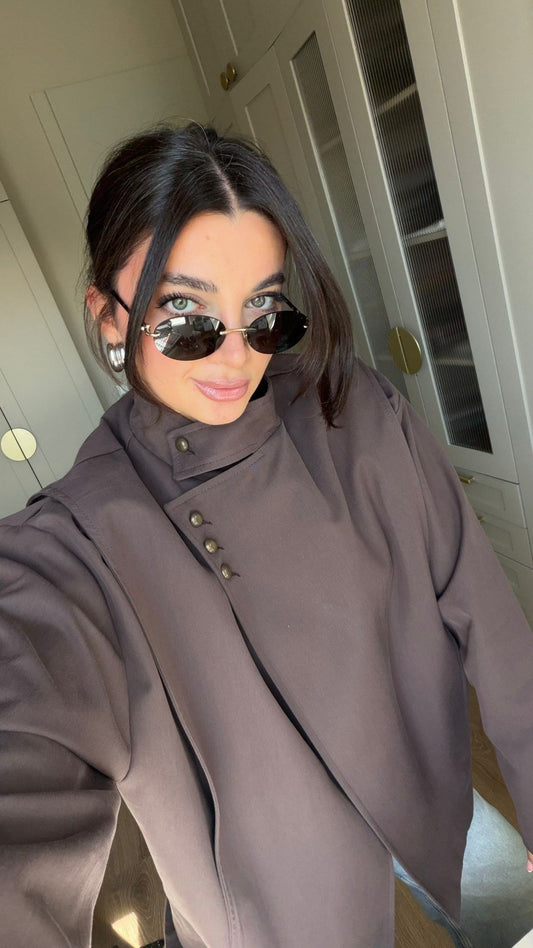 Coffee Asymmetric Buttoned Trench Coat