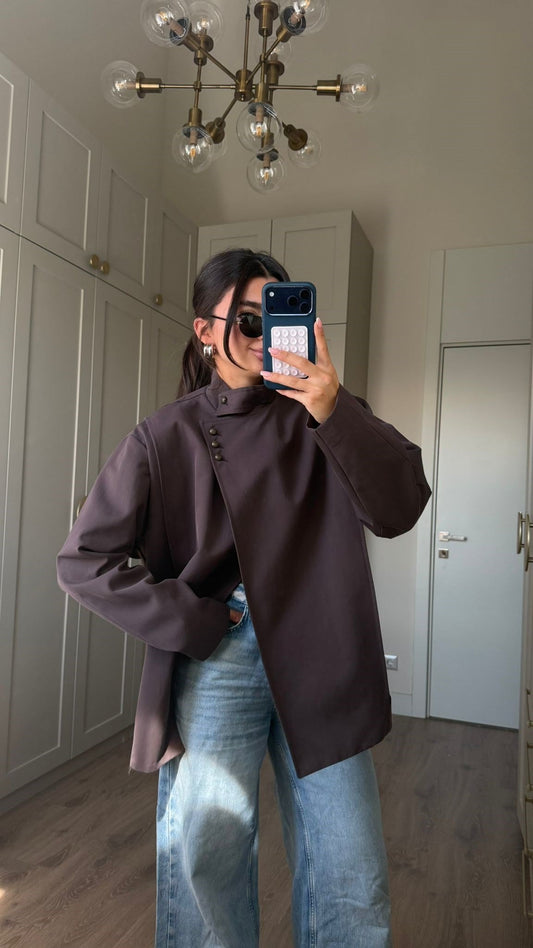 Coffee Asymmetric Buttoned Trench Coat