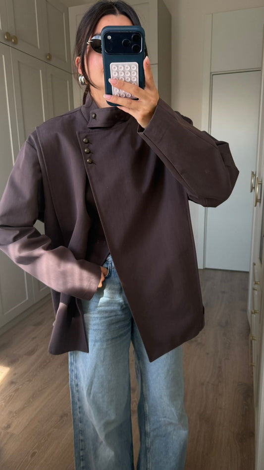 Coffee Asymmetric Buttoned Trench Coat