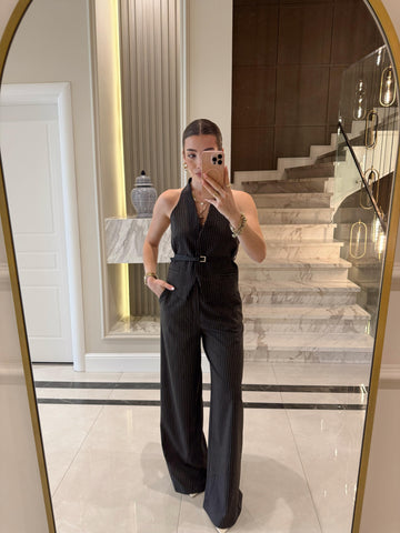 Gray Vertical Striped Vest Trouser Set