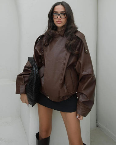 Brown Stand Collar Faux Leather Jacket