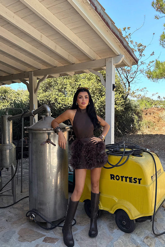 Brown Freyya Mini with Rose Detail at Hem Dress