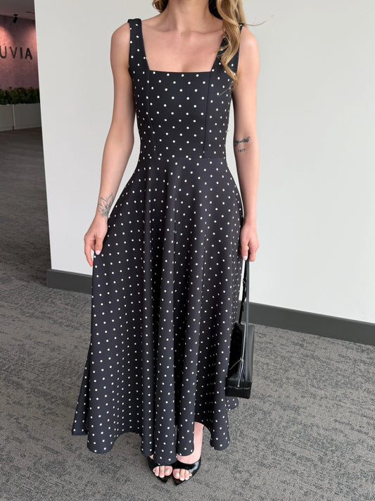 Black Polka Dot with Back Tie Detail Dress