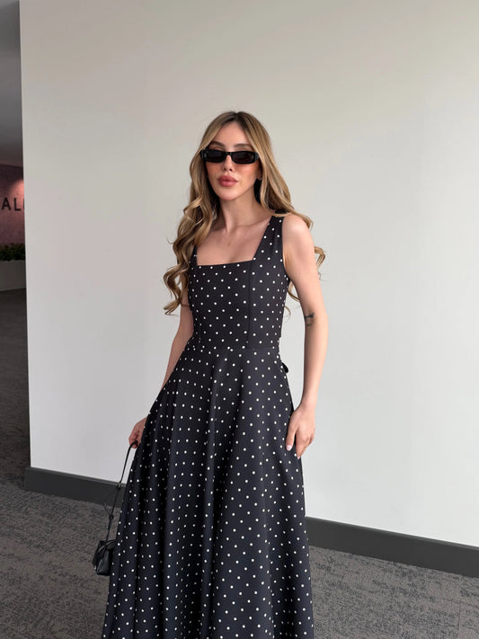 Black Polka Dot with Back Tie Detail Dress