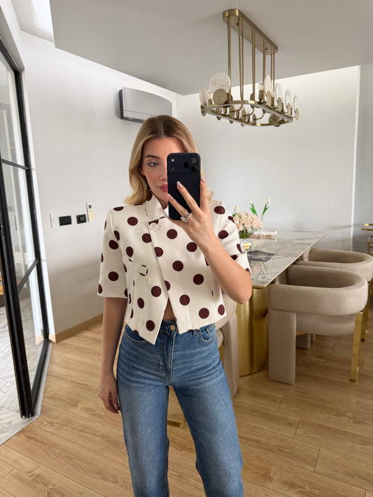 Brown Polka Dot Short-Sleeved Crop Jacket