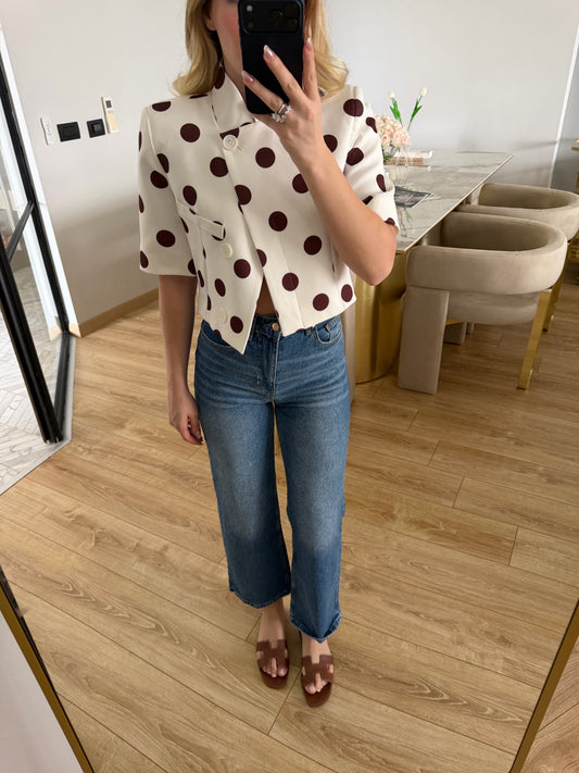 Brown Polka Dot Short-Sleeved Crop Jacket