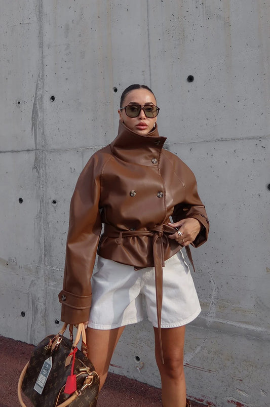 Ruta High-Neck Belted Leather Jacket