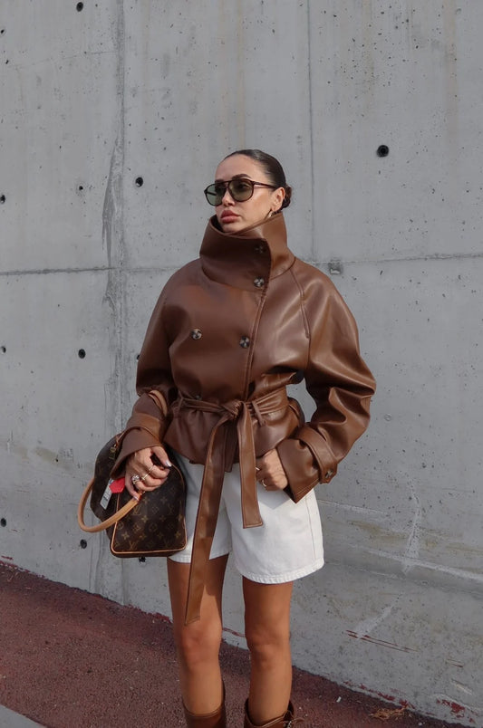 Ruta High-Neck Belted Leather Jacket