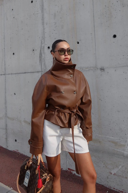 Ruta High-Neck Belted Leather Jacket