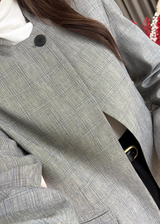 Light Grey Plaid Mandarin Collar Blazer