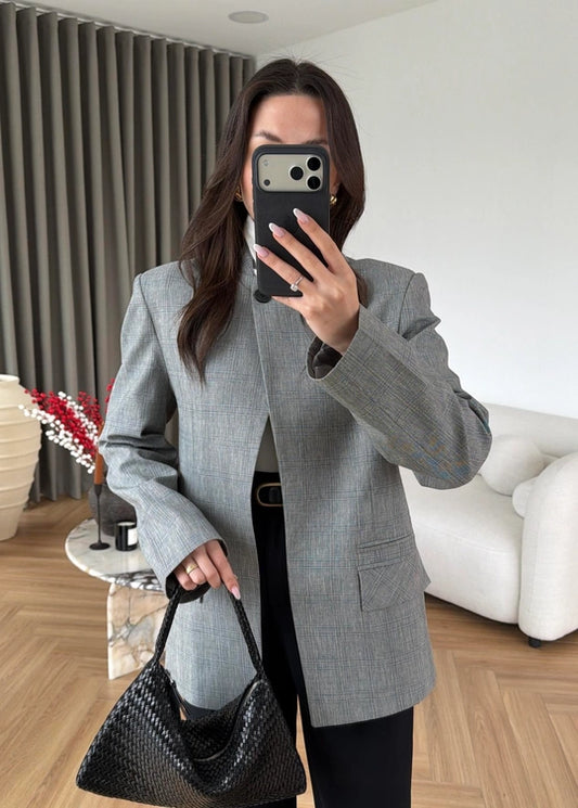 Light Grey Plaid Mandarin Collar Blazer