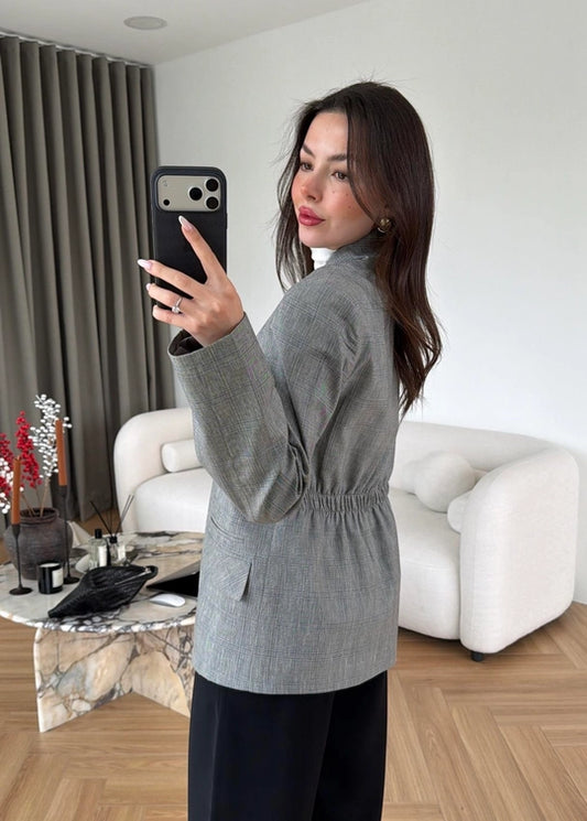 Light Grey Plaid Mandarin Collar Blazer