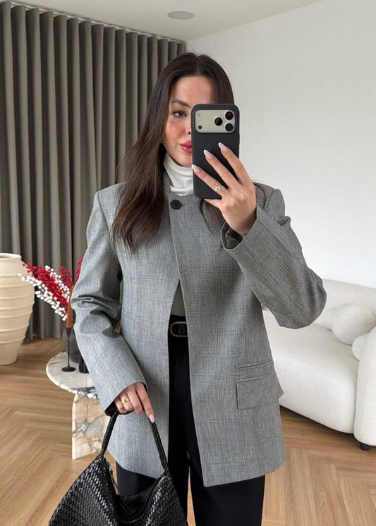 Light Grey Plaid Mandarin Collar Blazer