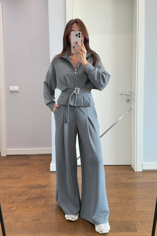 WIDE LEG  WITH BELT DETAIL GRAY SET