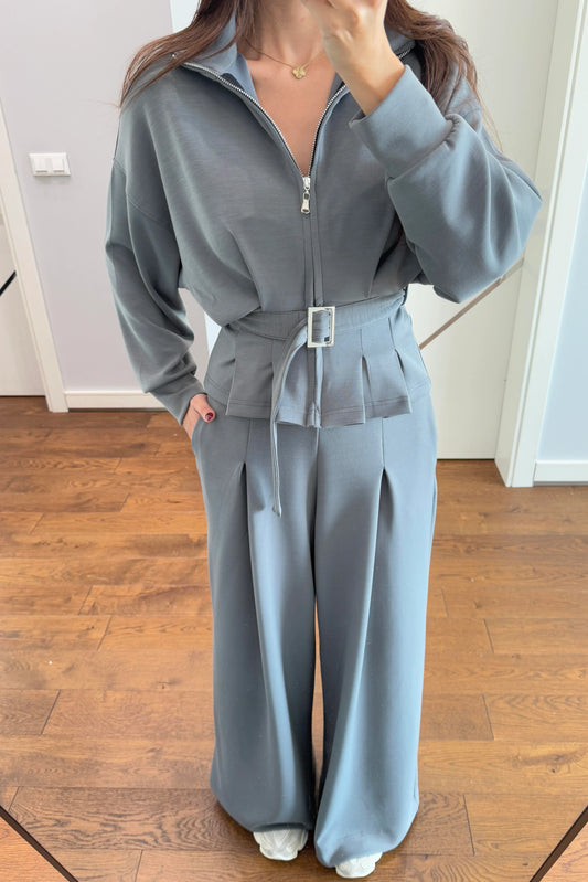WIDE LEG  WITH BELT DETAIL GRAY SET