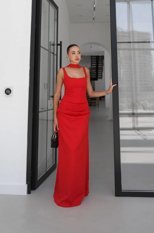 Red Piran Long with Back Buckle and Scarf Dress