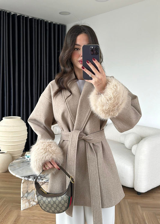 Fur-Sleeved Cashmere Beige Coat