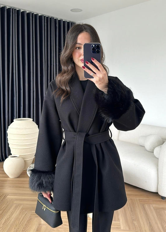 Fur-Sleeved Cashmere Black Coat
