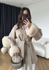 Fur-Sleeved Cashmere Beige Coat