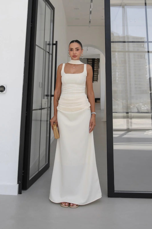 Beige Piran Long with Back Buckle and Scarf Dress