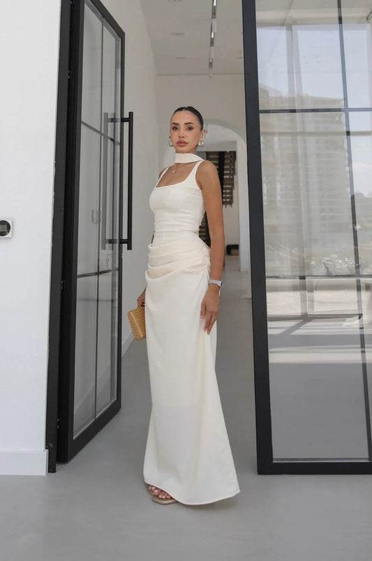 Beige Piran Long with Back Buckle and Scarf Dress
