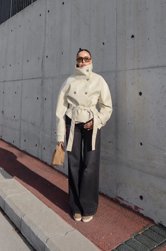 Ruta High-Neck Belted Leather Jacket