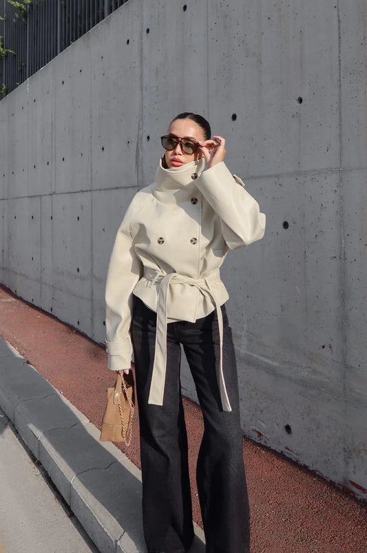 Ruta High-Neck Belted Leather Jacket