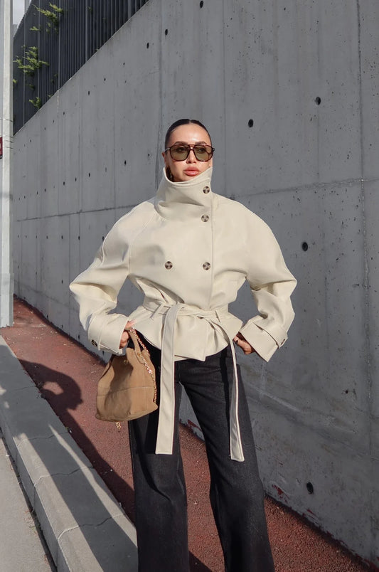 Ruta High-Neck Belted Leather Jacket