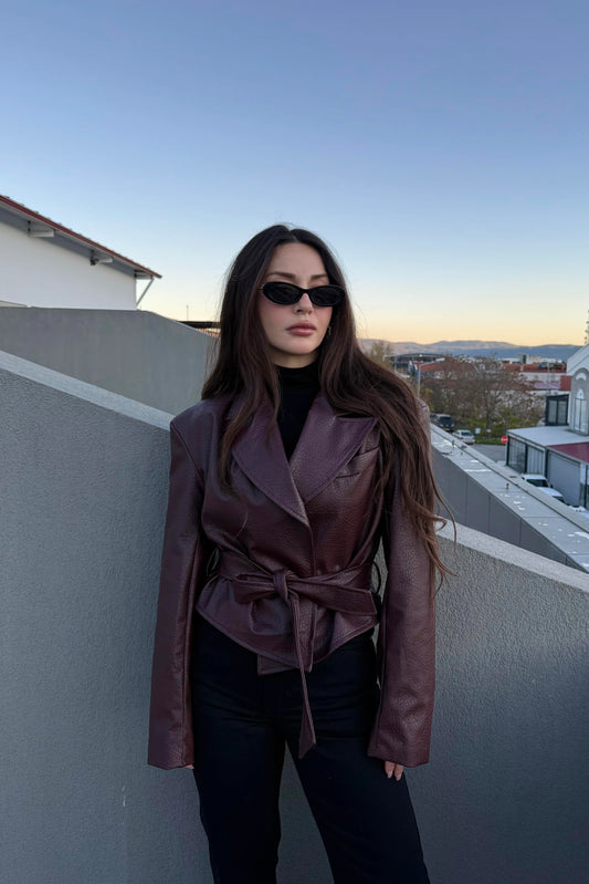 Burgundy Padded and Belted Leather Jacket