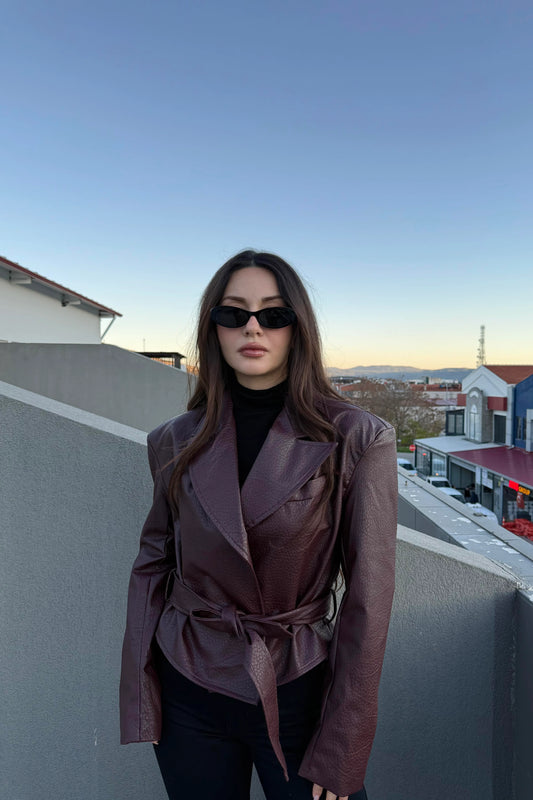 Burgundy Padded and Belted Leather Jacket