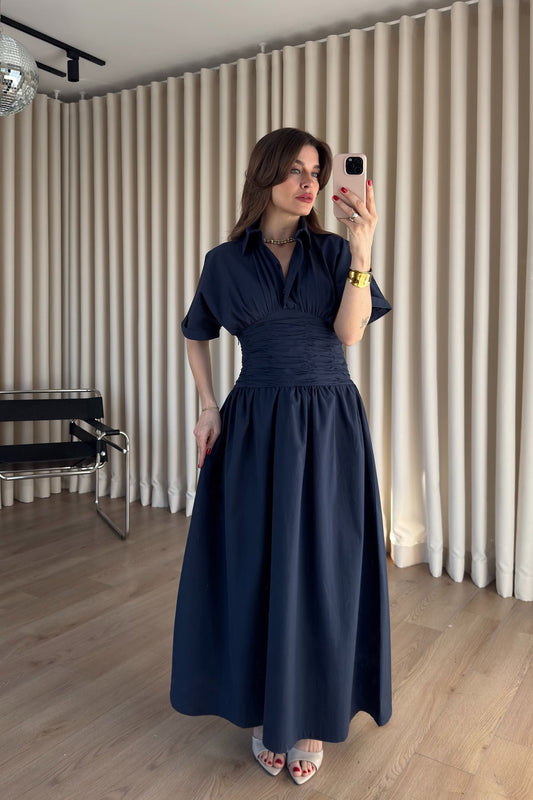 Navy Blue Shirt Collar Draped Long Dress