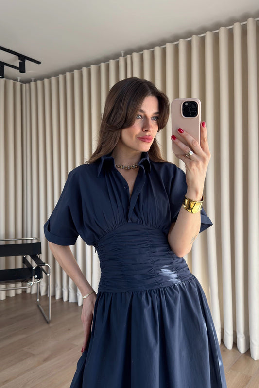 Navy Blue Shirt Collar Draped Long Dress