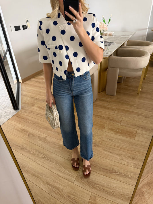 Navy Polka Dot Short-Sleeved Crop Jacket