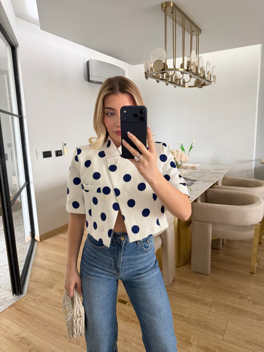Navy Polka Dot Short-Sleeved Crop Jacket