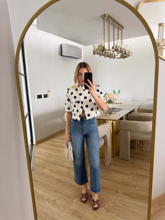 Navy Polka Dot Short-Sleeved Crop Jacket