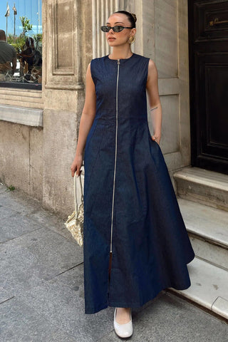 Navy Blue Full Zipper Zero Sleeve Women's Denim Midi Dress