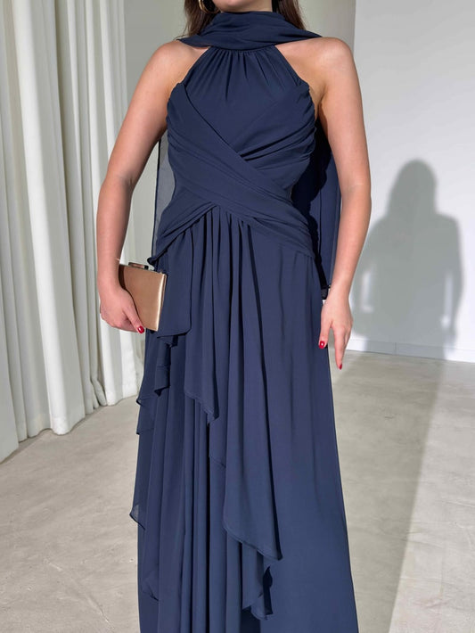 Navy blue Lauren Maxi with Shawl and Pleat Detail Dress