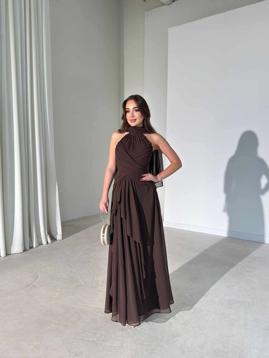 Brown Lauren Maxi with Shawl and Pleat Detail Dress