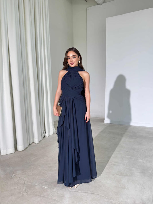 Navy blue Lauren Maxi with Shawl and Pleat Detail Dress