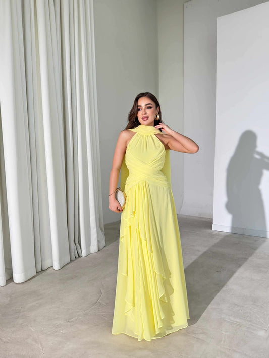 Yellow Lauren Maxi with Shawl and Pleat Detail Dress