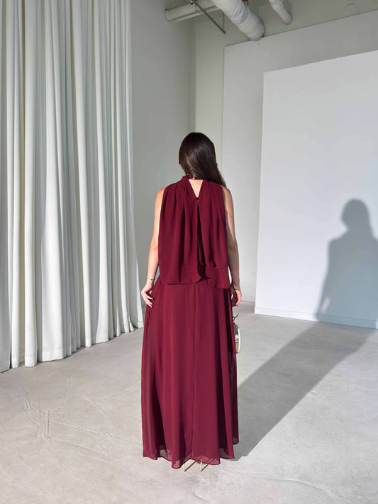 Burgundy Lauren Maxi with Shawl and Pleat Detail Dress