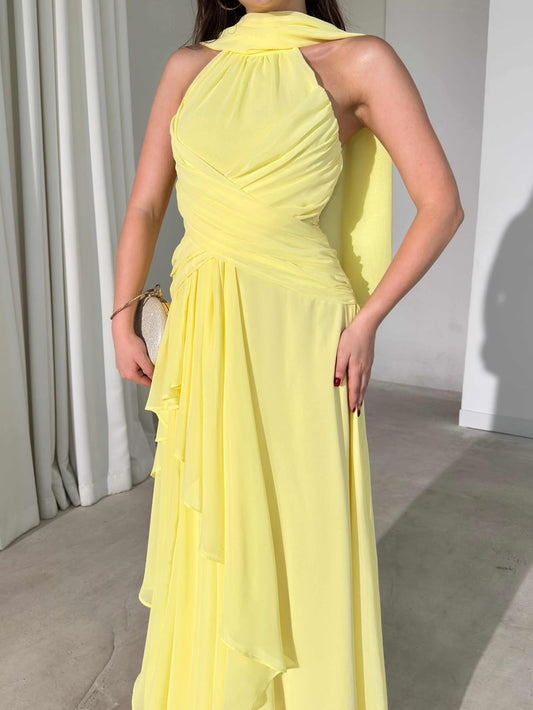 Yellow Lauren Maxi with Shawl and Pleat Detail Dress